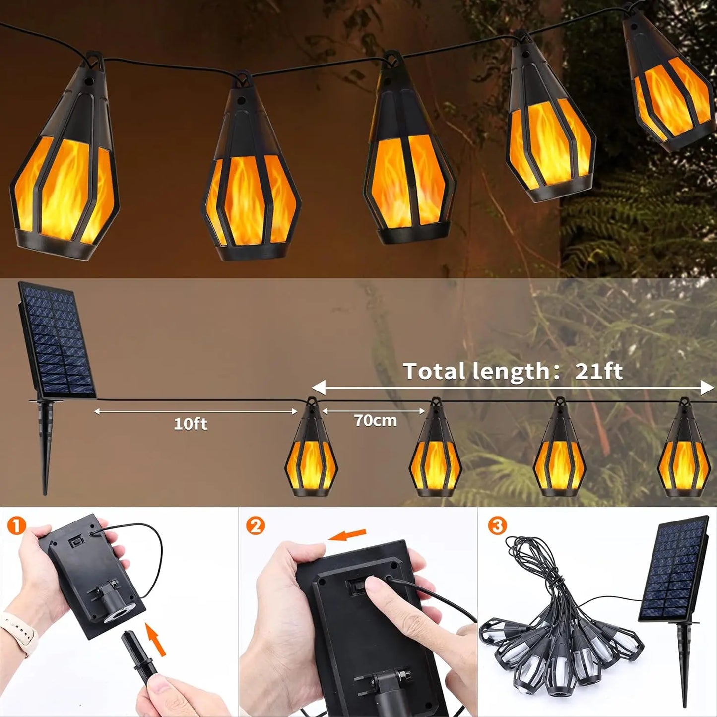 Summer Garden Solar-Powered Outdoor Flame-Effect String Lights (15 Bulbs, 33FT) Garden & Lawn Decorative Lights, Solar LED Night Lights for Christmas Parties, Outdoor Garden Decor