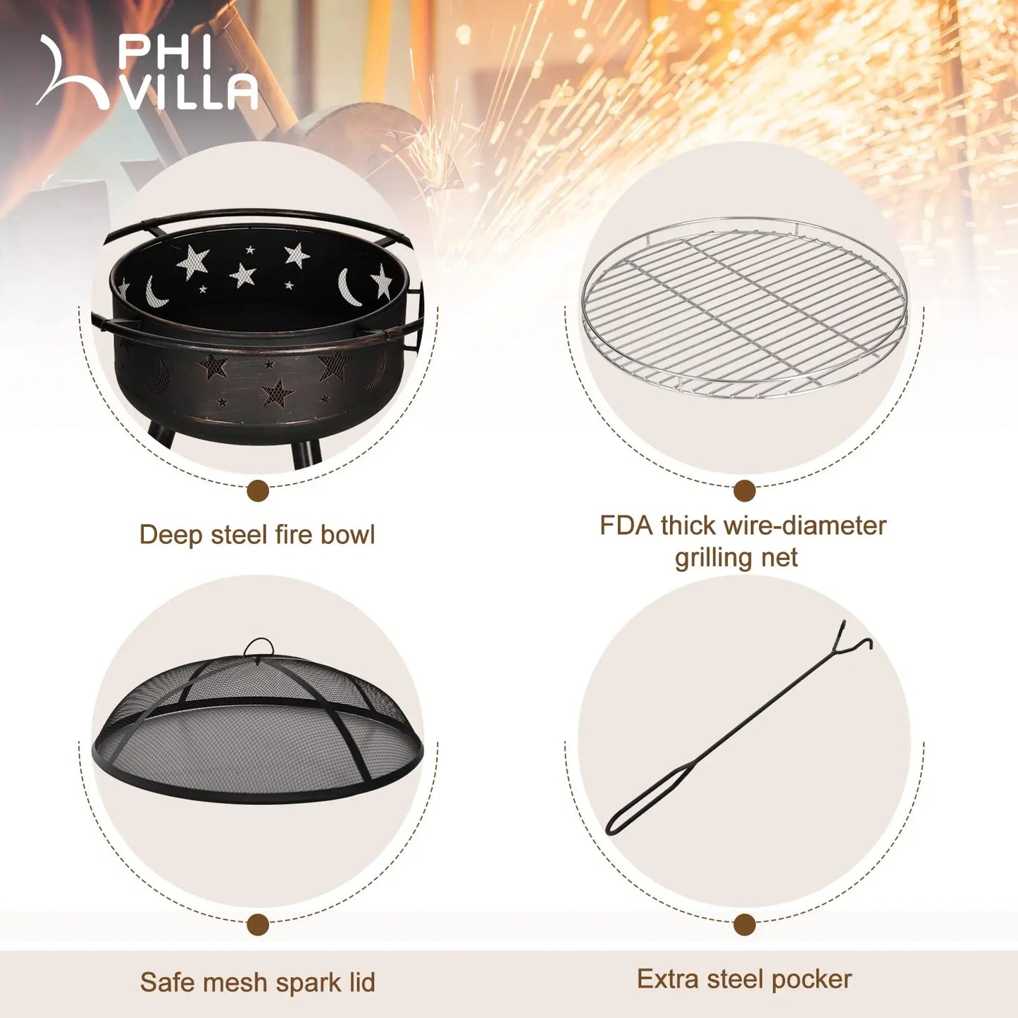 PHI VILLA 30" Outdoor Wood Burning Firepit with 360° Swivel Grill, Deep round Steel Bowl, Spark Guard & Poker Camping Equipment Barbecue Modern