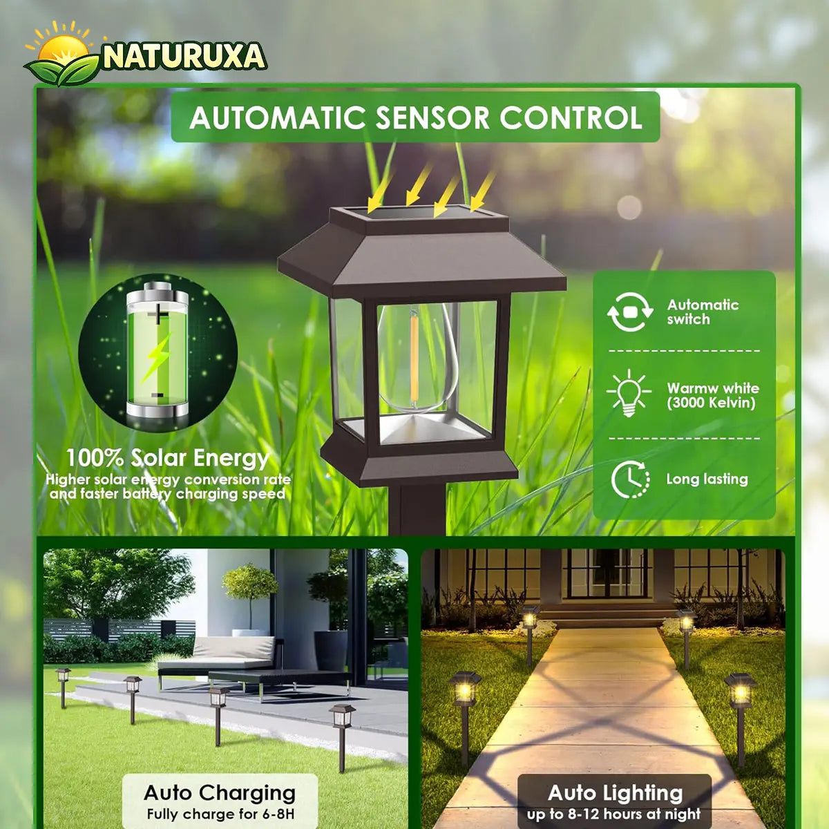 Naturuxa 6/12-Pack Solar Outdoor Lights, Waterproof Landscape Lighting for Path Walkway, Lawn Garden outside Décor