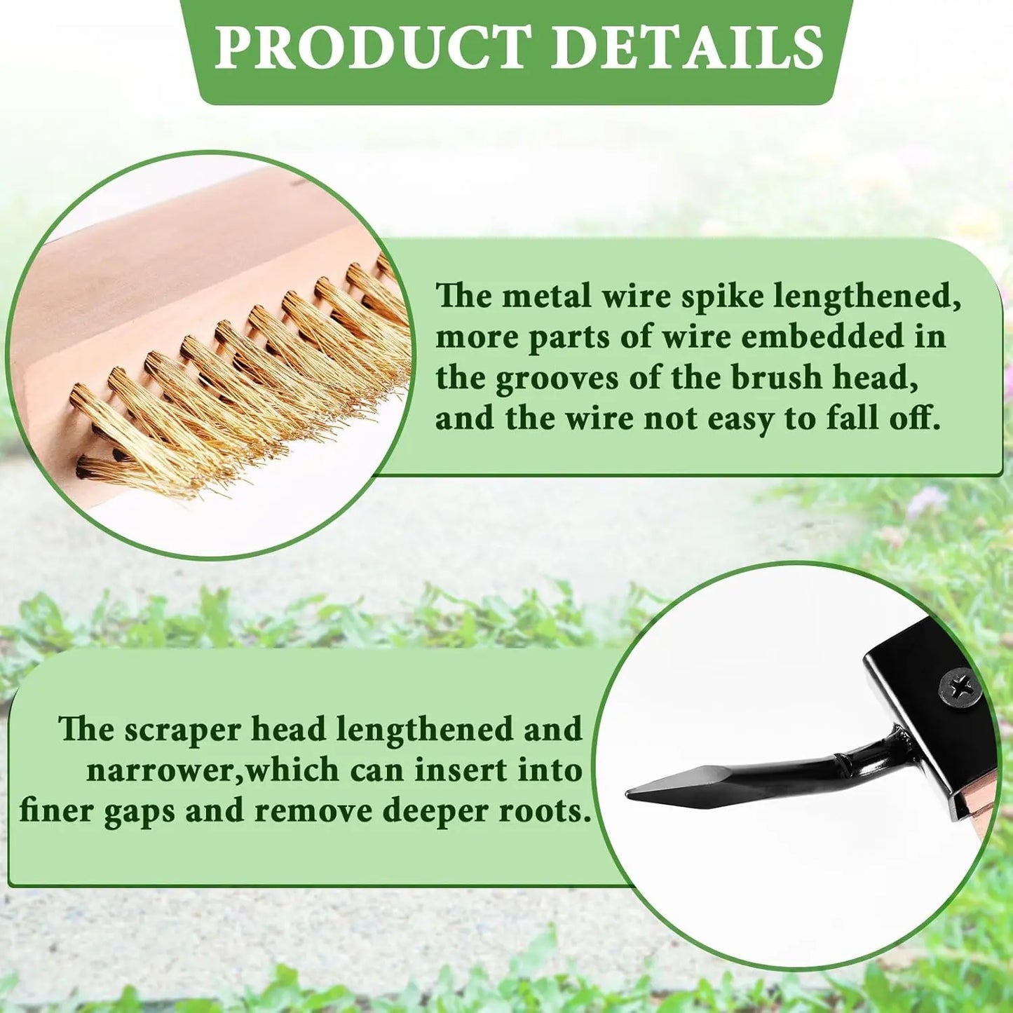 Paver Weeding Puller Tool with 2 Weed Remover Brush Heads,Crack Weeder Tool,Moss Out Crevice Cleaner,Steel Long Handle Weeder Scraper Cleaning Tool for Concrete Decks Pavers Patios Walkways