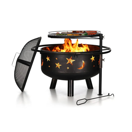 PHI VILLA 30" Outdoor Wood Burning Firepit with 360° Swivel Grill, Deep round Steel Bowl, Spark Guard & Poker Camping Equipment Barbecue Modern