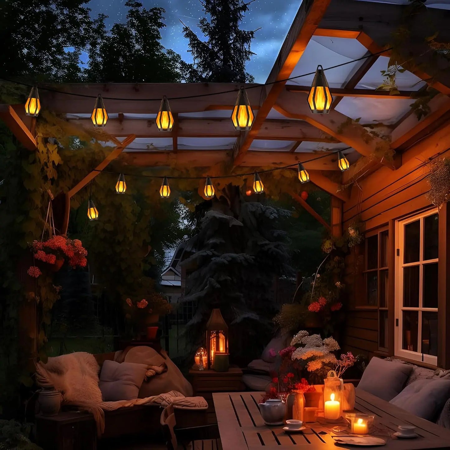 Summer Garden Solar-Powered Outdoor Flame-Effect String Lights (15 Bulbs, 33FT) Garden & Lawn Decorative Lights, Solar LED Night Lights for Christmas Parties, Outdoor Garden Decor