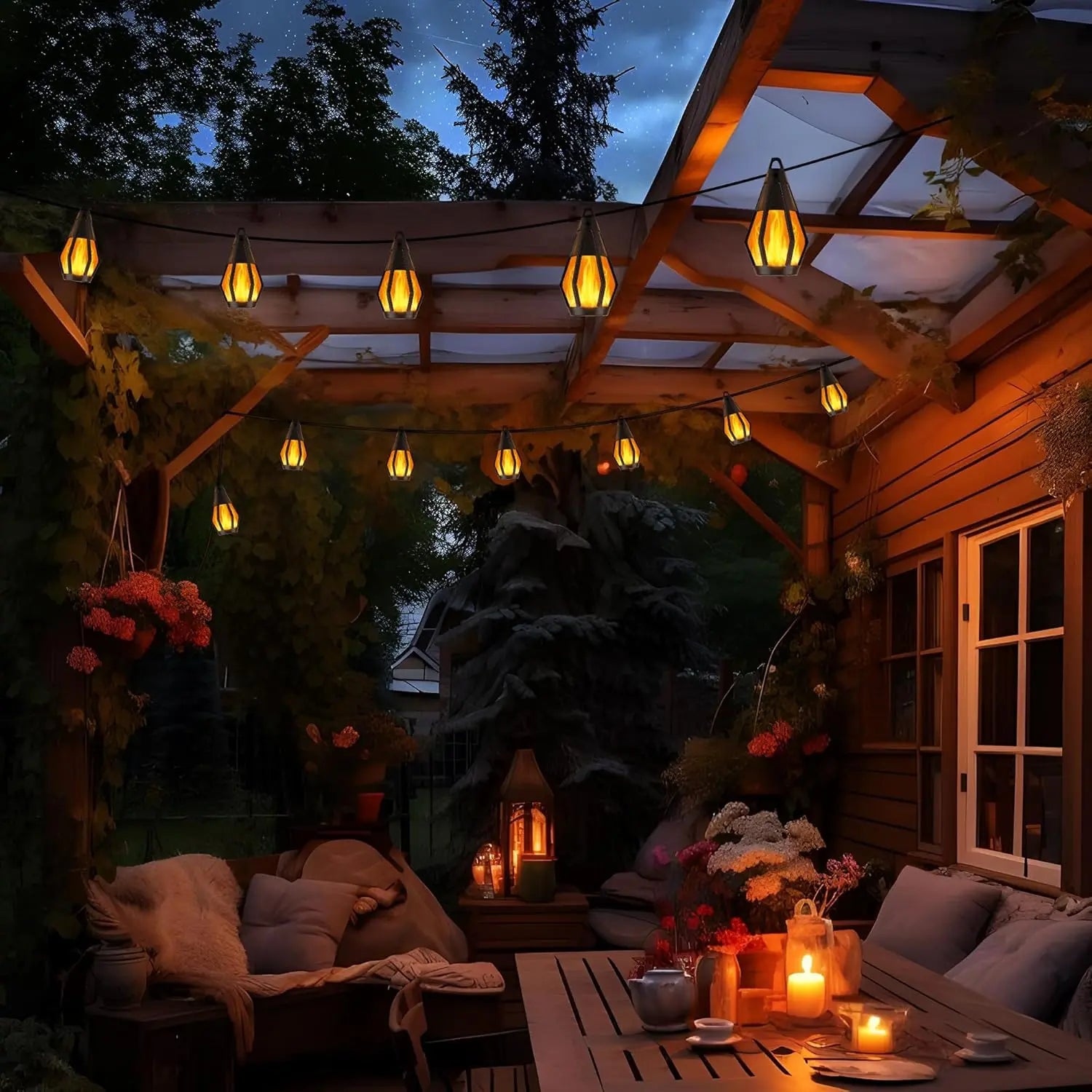 Summer Garden Solar-Powered Outdoor Flame-Effect String Lights (15 Bulbs, 33FT) Garden & Lawn Decorative Lights, Solar LED Night Lights for Christmas Parties, Outdoor Garden Decor