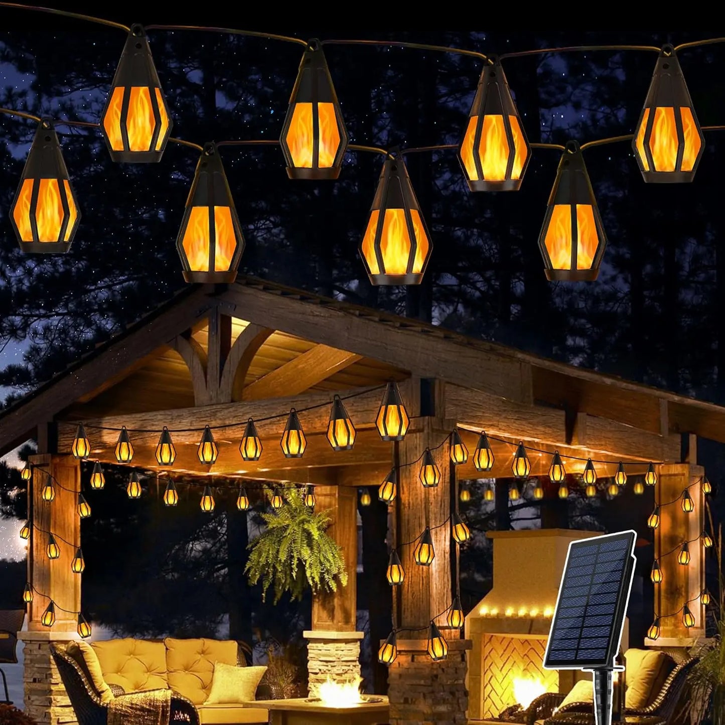 Summer Garden Solar-Powered Outdoor Flame-Effect String Lights (15 Bulbs, 33FT) Garden & Lawn Decorative Lights, Solar LED Night Lights for Christmas Parties, Outdoor Garden Decor