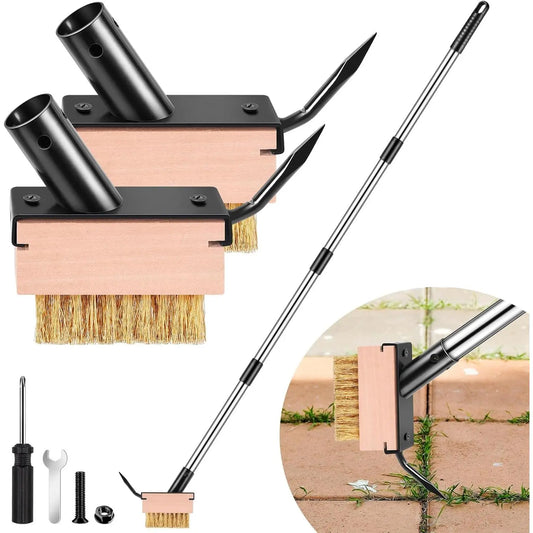 Paver Weeding Puller Tool with 2 Weed Remover Brush Heads,Crack Weeder Tool,Moss Out Crevice Cleaner,Steel Long Handle Weeder Scraper Cleaning Tool for Concrete Decks Pavers Patios Walkways