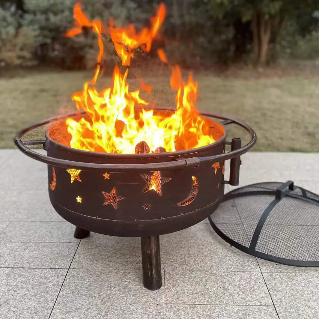 PHI VILLA 30" Outdoor Wood Burning Firepit with 360° Swivel Grill, Deep round Steel Bowl, Spark Guard & Poker Camping Equipment Barbecue Modern