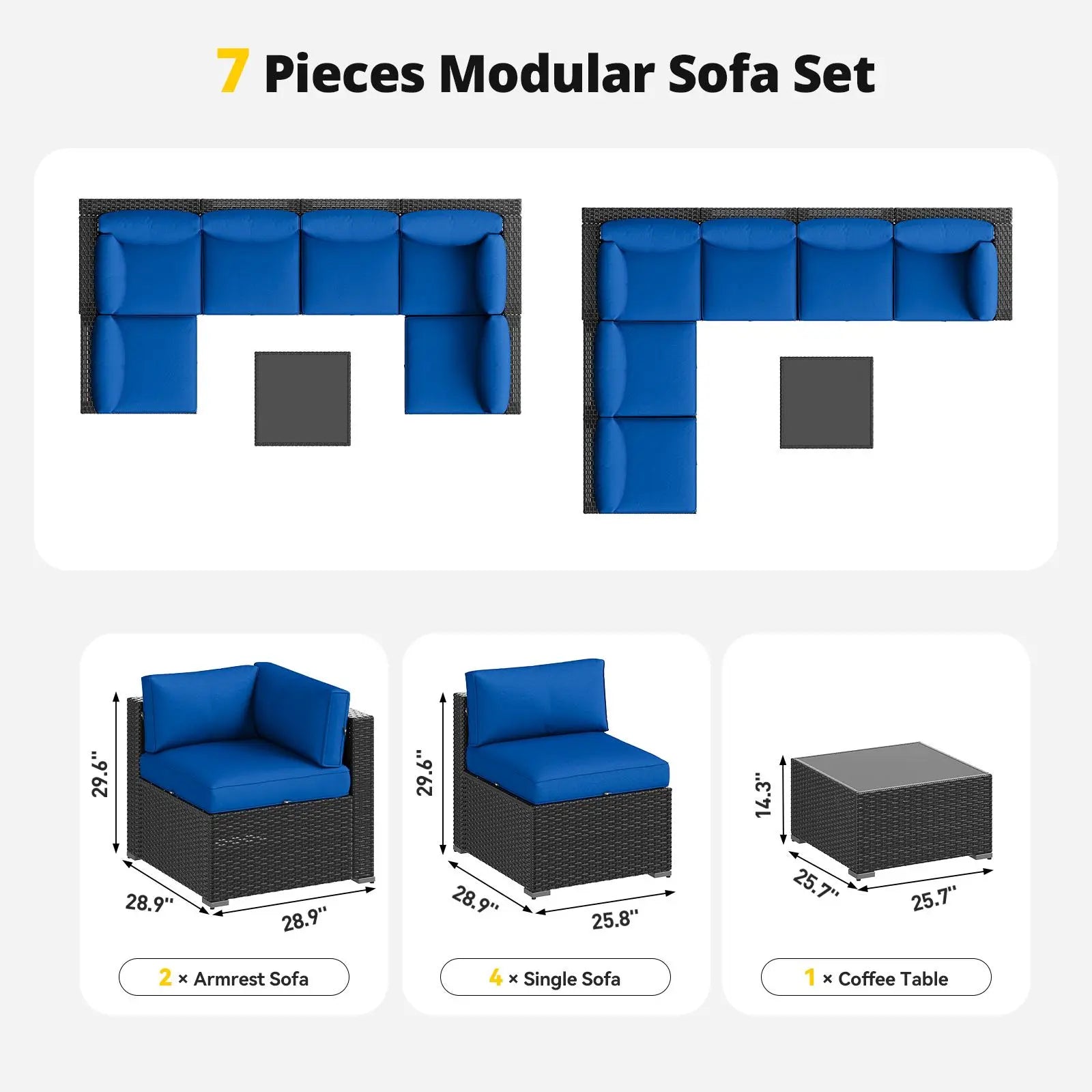 Aoxun All-Weather 7 Piece Patio Furniture Set, Outdoor Wicker Rattan Conversation Set with Coffee Table & Waterproof Cover for Backyard, Garden, Poolside - Grey