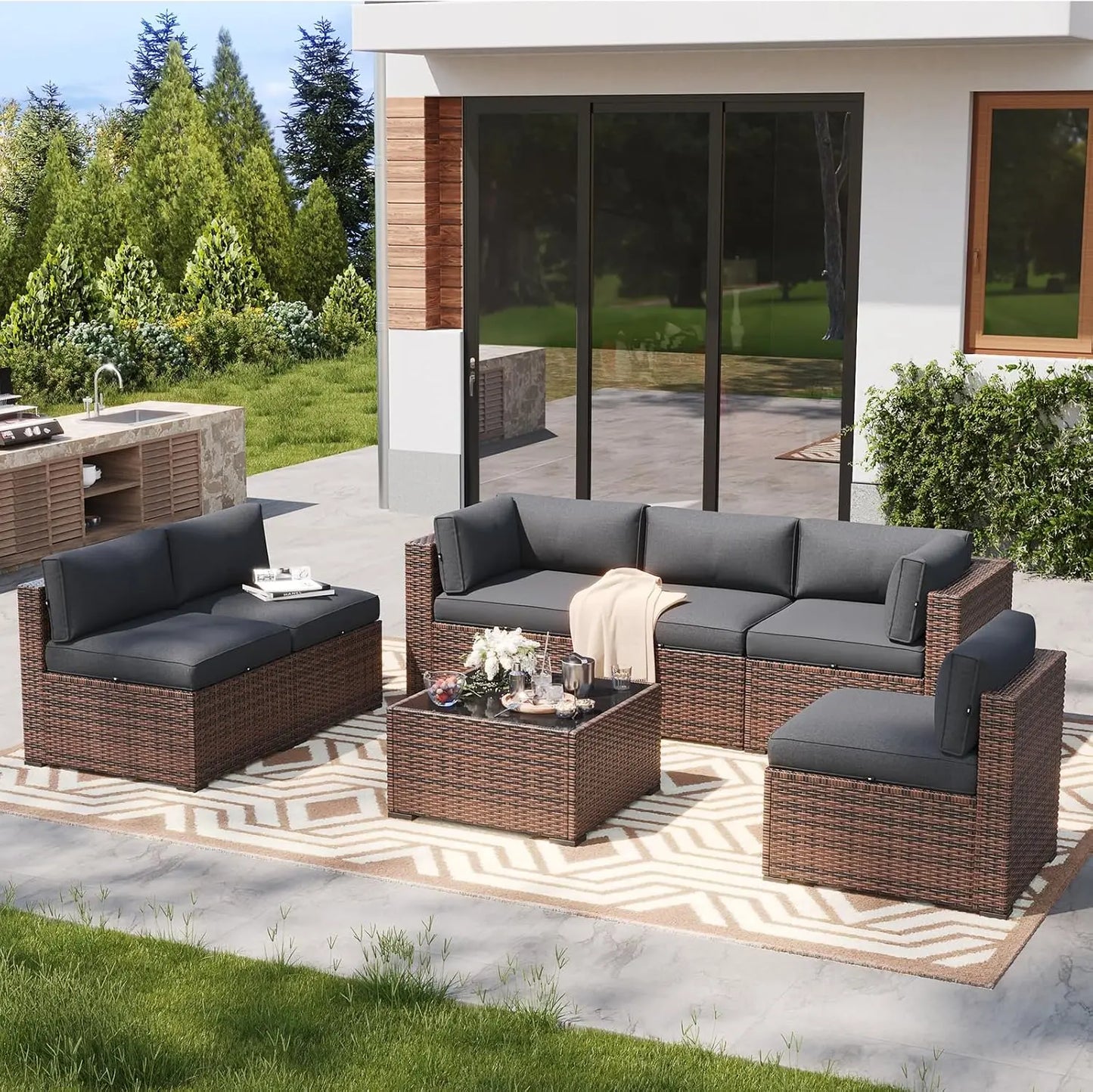 Aoxun All-Weather 7 Piece Patio Furniture Set, Outdoor Wicker Rattan Conversation Set with Coffee Table & Waterproof Cover for Backyard, Garden, Poolside - Grey