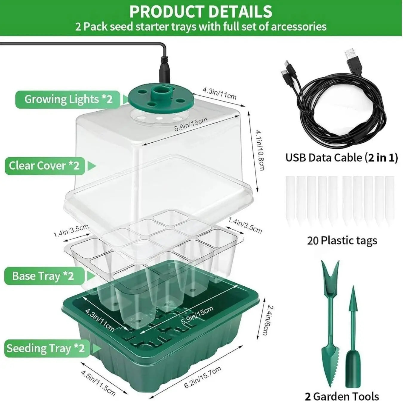 Plant Germination Tray with USB Powered Grow Light, Reusable Seed Germination Tool Set, Adjustable Humidity Seed Starter Tray, Growing Kit for Home Garden, Indoor Gardening System, Gardening Supplies