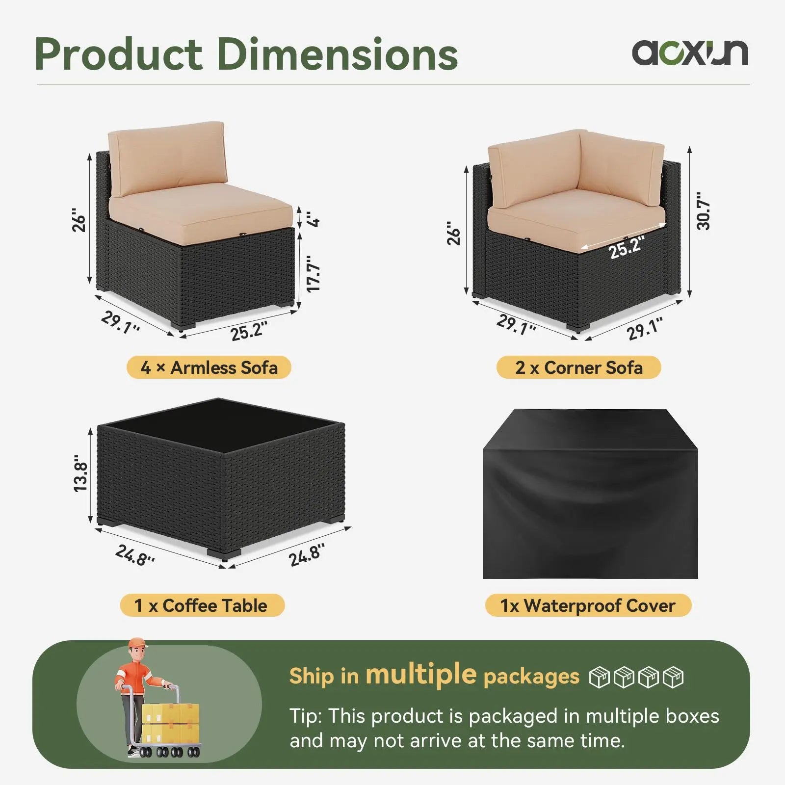 Aoxun All-Weather 7 Piece Patio Furniture Set, Outdoor Wicker Rattan Conversation Set with Coffee Table & Waterproof Cover for Backyard, Garden, Poolside - Grey