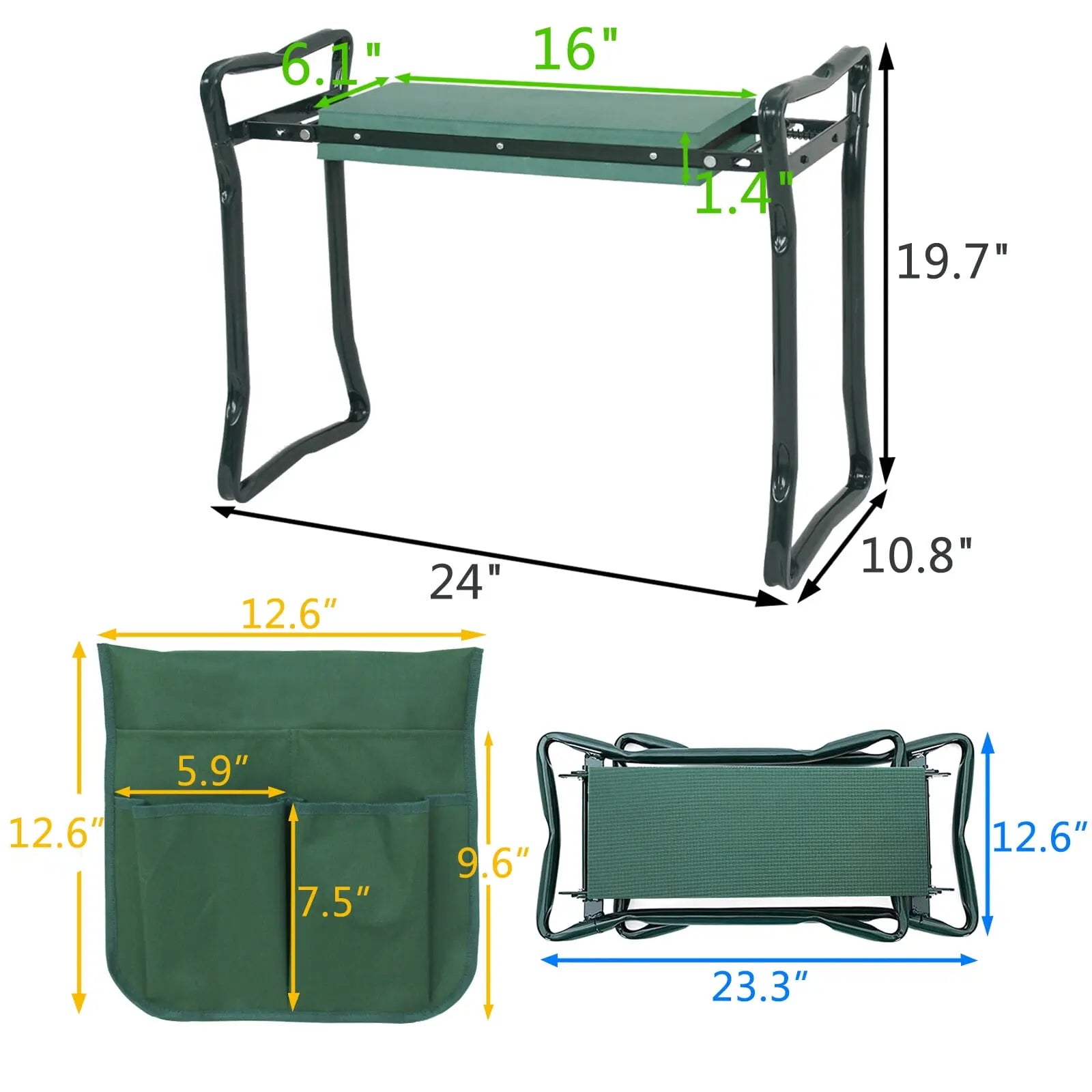 ZENY Folding Garden Kneeler Seat (6"/8" in Width) - Steel & EVA Frame Accessory with Soft Foam Knee Support, Detachable Tool Bag, Side Rails, Portable Design, 250Lb Capacity, Garden Gloves for Weeding & Planting