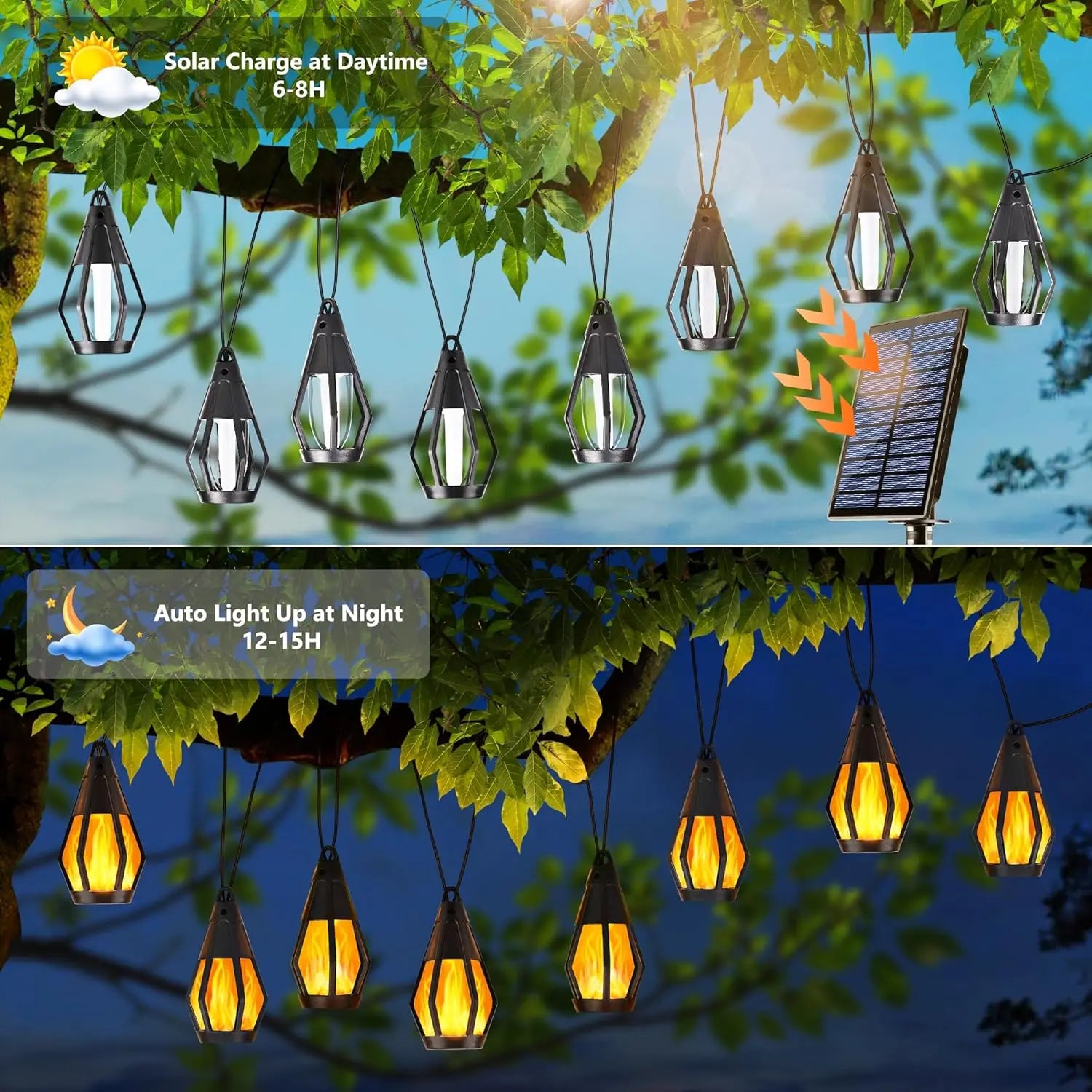 Summer Garden Solar-Powered Outdoor Flame-Effect String Lights (15 Bulbs, 33FT) Garden & Lawn Decorative Lights, Solar LED Night Lights for Christmas Parties, Outdoor Garden Decor