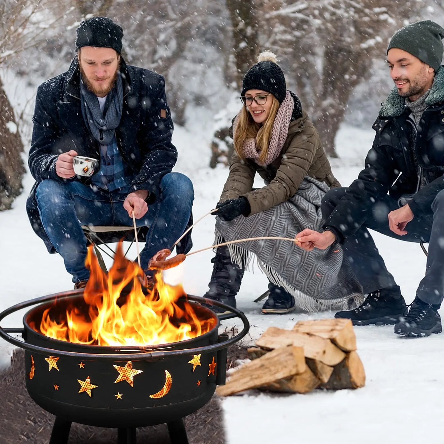 PHI VILLA 30" Outdoor Wood Burning Firepit with 360° Swivel Grill, Deep round Steel Bowl, Spark Guard & Poker Camping Equipment Barbecue Modern