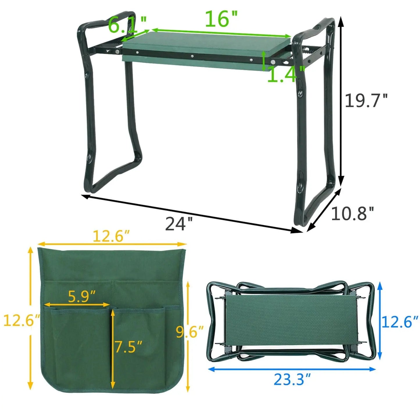 ZENY Folding Garden Kneeler Seat (6"/8" in Width) - Steel & EVA Frame Accessory with Soft Foam Knee Support, Detachable Tool Bag, Side Rails, Portable Design, 250Lb Capacity, Garden Gloves for Weeding & Planting