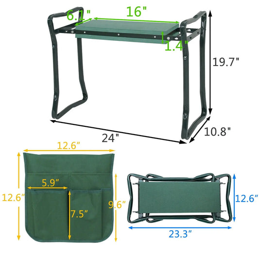 ZENY Folding Garden Kneeler Seat (6"/8" in Width) - Steel & EVA Frame Accessory with Soft Foam Knee Support, Detachable Tool Bag, Side Rails, Portable Design, 250Lb Capacity, Garden Gloves for Weeding & Planting