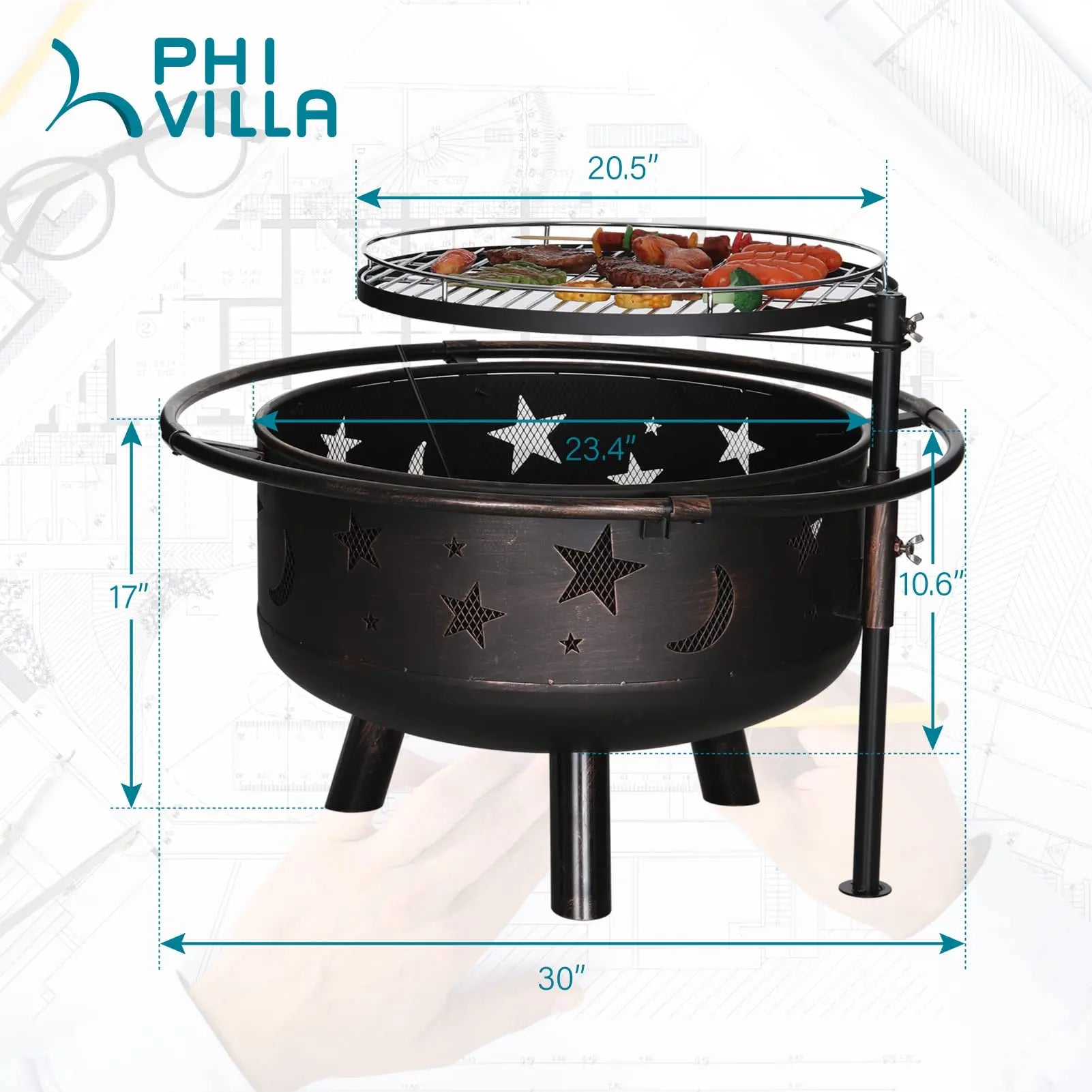 PHI VILLA 30" Outdoor Wood Burning Firepit with 360° Swivel Grill, Deep round Steel Bowl, Spark Guard & Poker Camping Equipment Barbecue Modern
