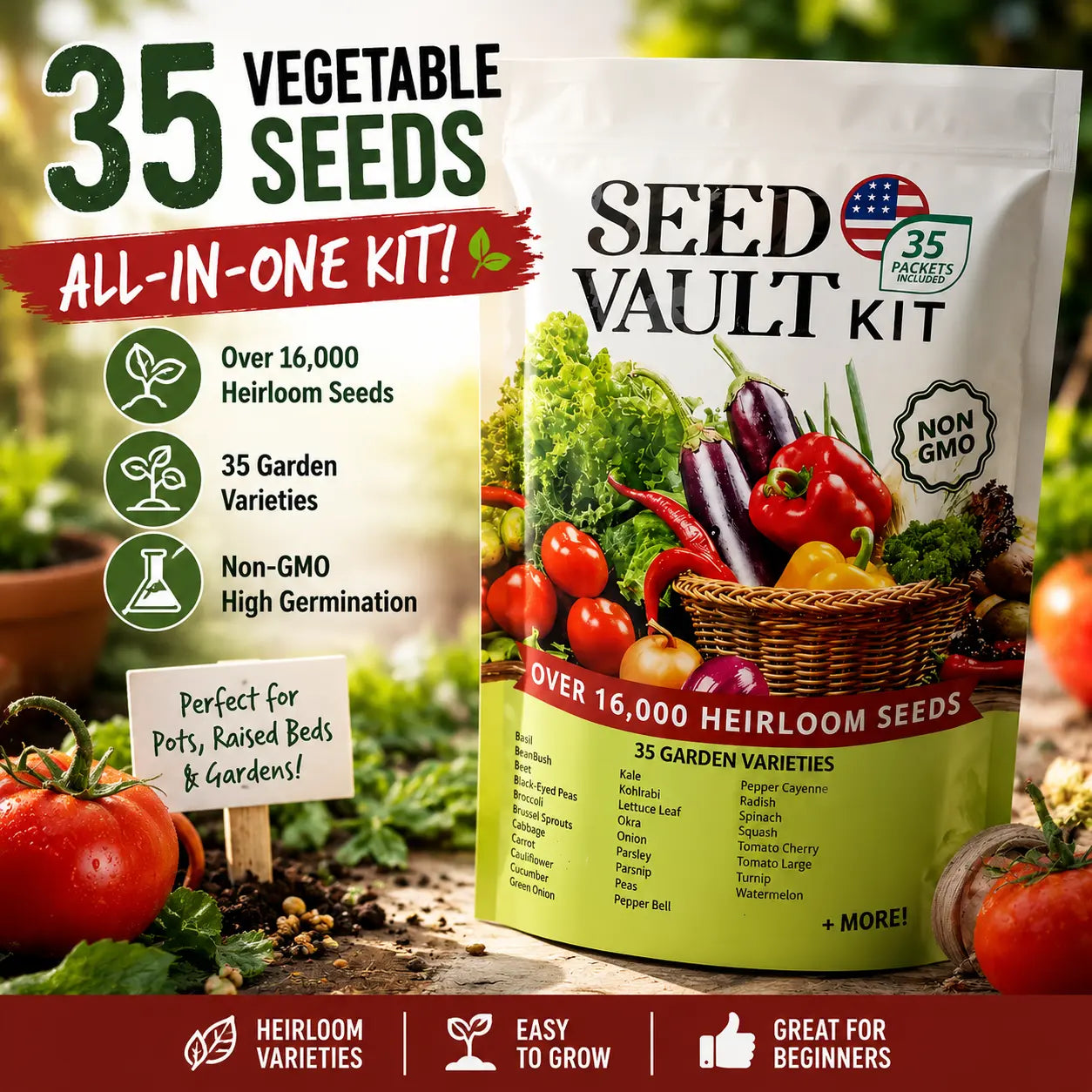 Assorted Heirloom Vegetable Seeds 35 Variety Pack, Durable Seed Vault for Survival & Daily Planting, Natural Non-Gmo Veggie Seeds, Premium Home Garden Gardening Gift Heirloom Seed Kits Mix