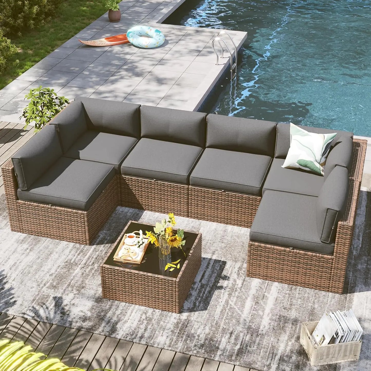 Aoxun All-Weather 7 Piece Patio Furniture Set, Outdoor Wicker Rattan Conversation Set with Coffee Table & Waterproof Cover for Backyard, Garden, Poolside - Grey