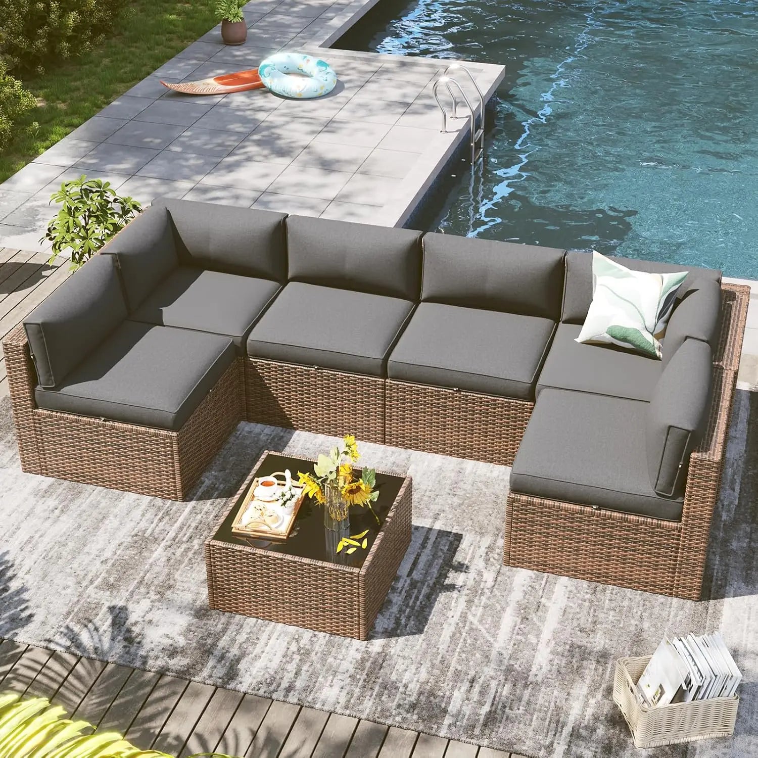 Aoxun All-Weather 7 Piece Patio Furniture Set, Outdoor Wicker Rattan Conversation Set with Coffee Table & Waterproof Cover for Backyard, Garden, Poolside - Grey