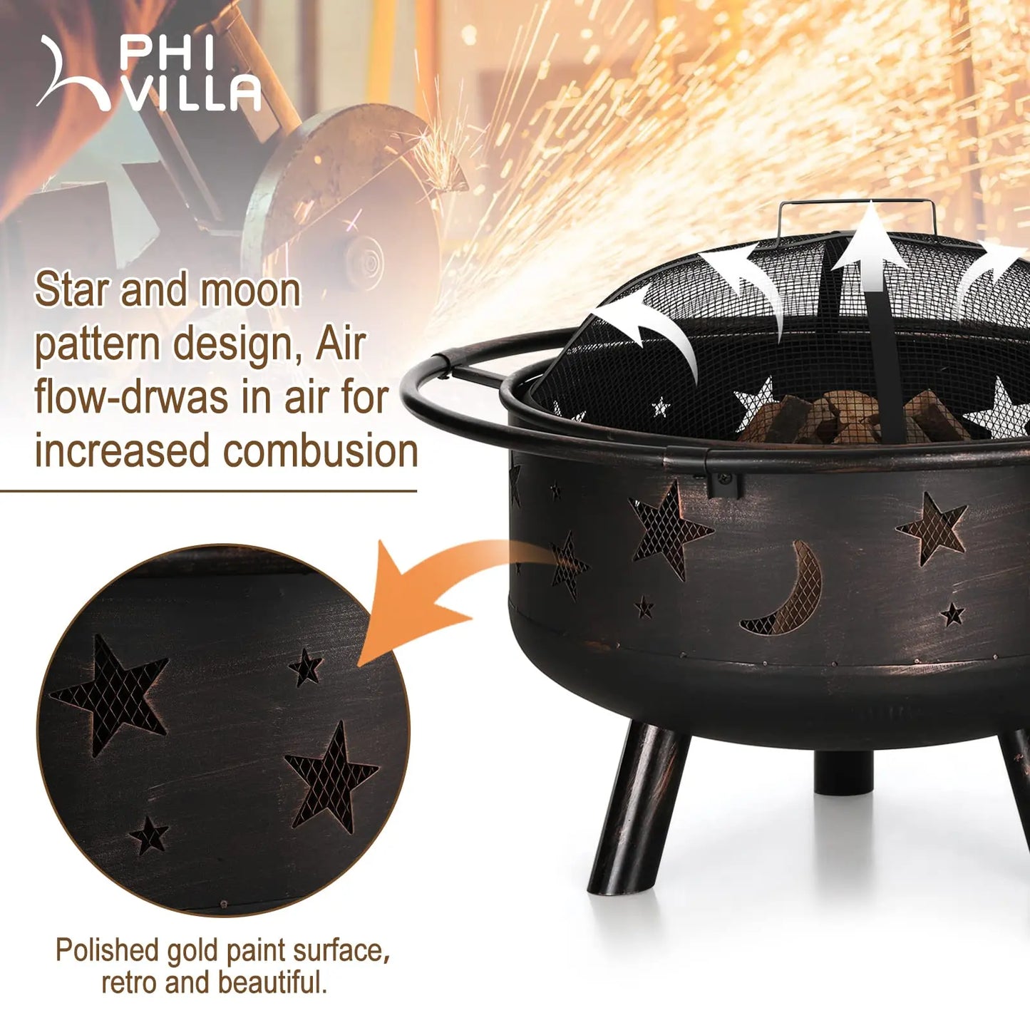 PHI VILLA 30" Outdoor Wood Burning Firepit with 360° Swivel Grill, Deep round Steel Bowl, Spark Guard & Poker Camping Equipment Barbecue Modern