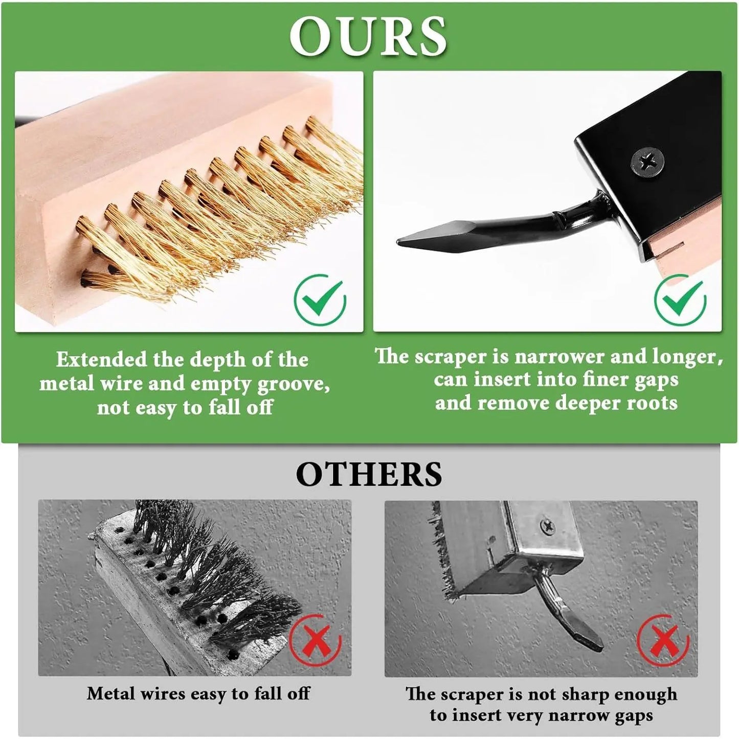 Paver Weeding Puller Tool with 2 Weed Remover Brush Heads,Crack Weeder Tool,Moss Out Crevice Cleaner,Steel Long Handle Weeder Scraper Cleaning Tool for Concrete Decks Pavers Patios Walkways