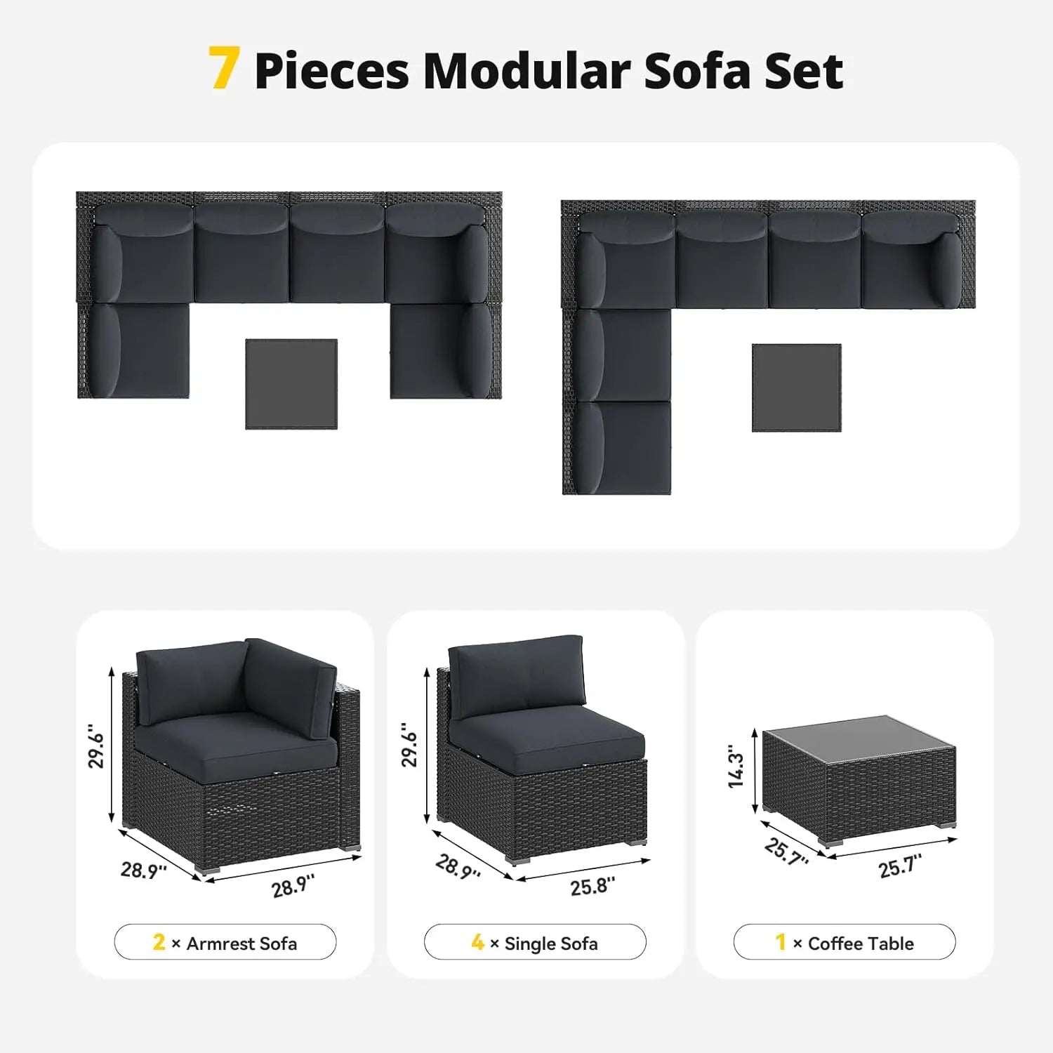 Aoxun All-Weather 7 Piece Patio Furniture Set, Outdoor Wicker Rattan Conversation Set with Coffee Table & Waterproof Cover for Backyard, Garden, Poolside - Grey