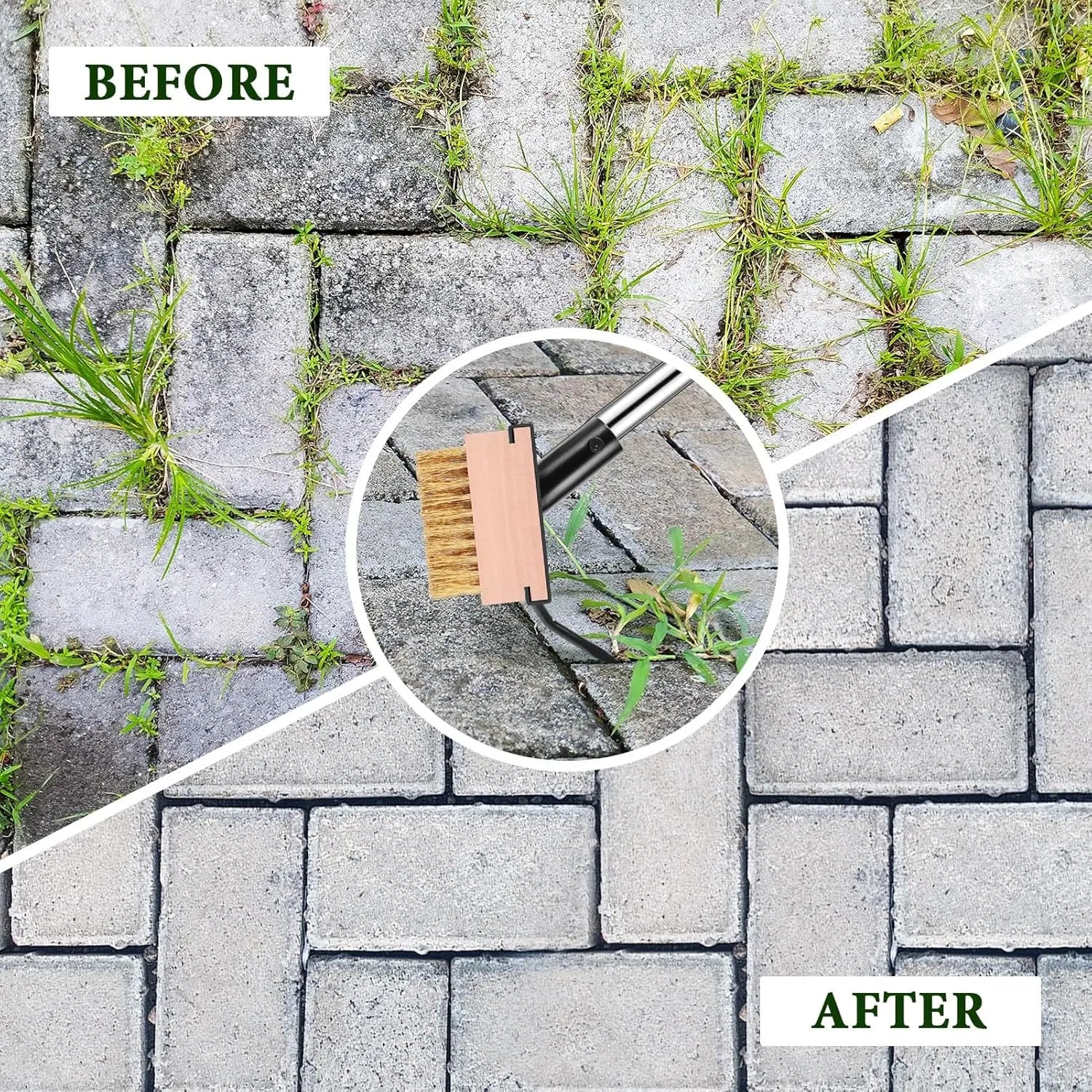 Paver Weeding Puller Tool with 2 Weed Remover Brush Heads,Crack Weeder Tool,Moss Out Crevice Cleaner,Steel Long Handle Weeder Scraper Cleaning Tool for Concrete Decks Pavers Patios Walkways