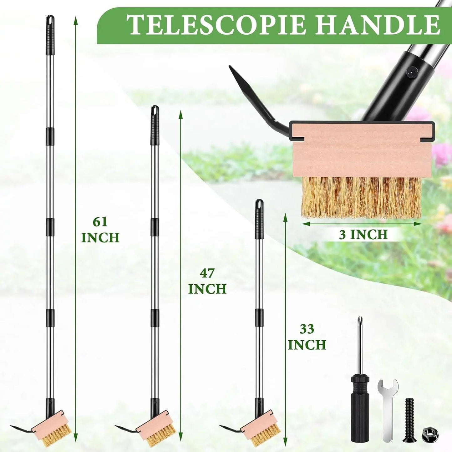 Paver Weeding Puller Tool with 2 Weed Remover Brush Heads,Crack Weeder Tool,Moss Out Crevice Cleaner,Steel Long Handle Weeder Scraper Cleaning Tool for Concrete Decks Pavers Patios Walkways