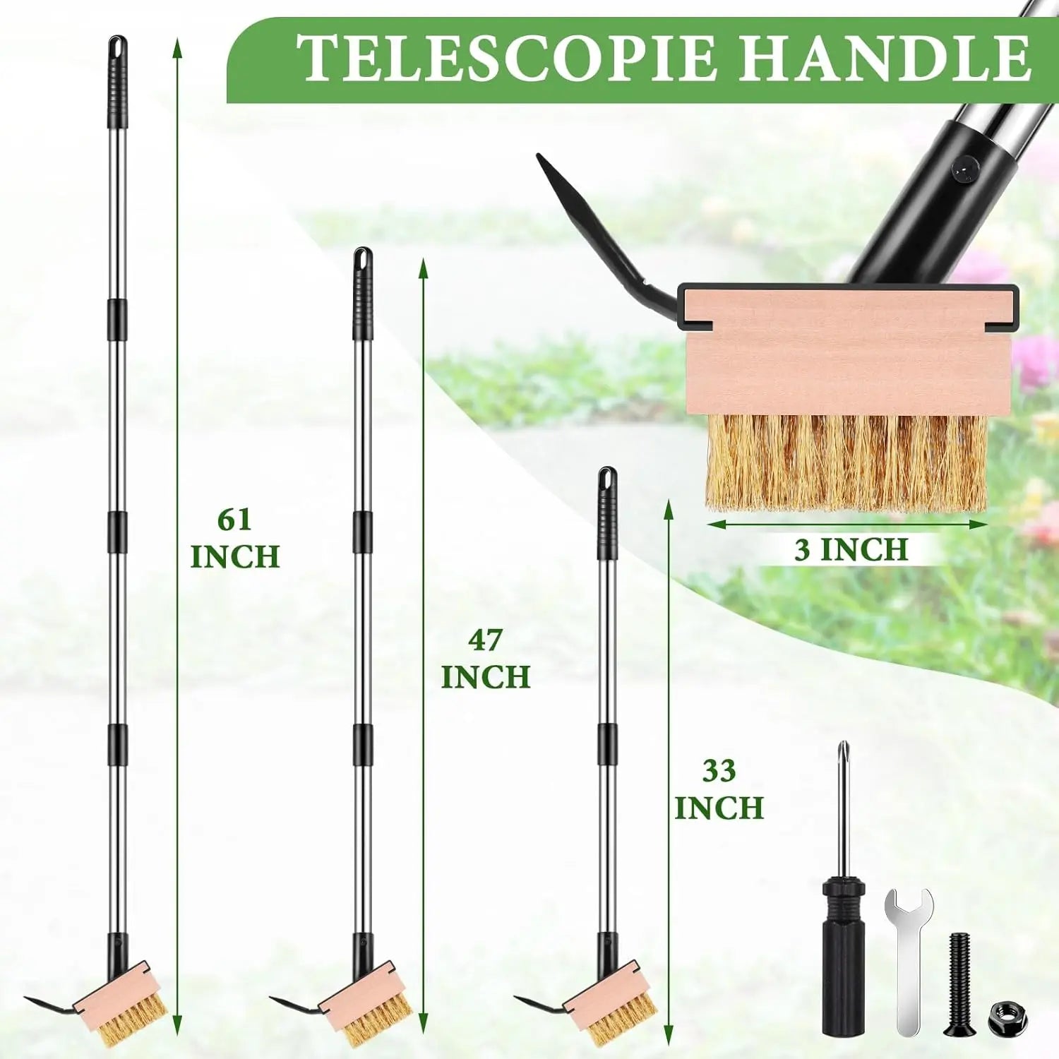 Paver Weeding Puller Tool with 2 Weed Remover Brush Heads,Crack Weeder Tool,Moss Out Crevice Cleaner,Steel Long Handle Weeder Scraper Cleaning Tool for Concrete Decks Pavers Patios Walkways