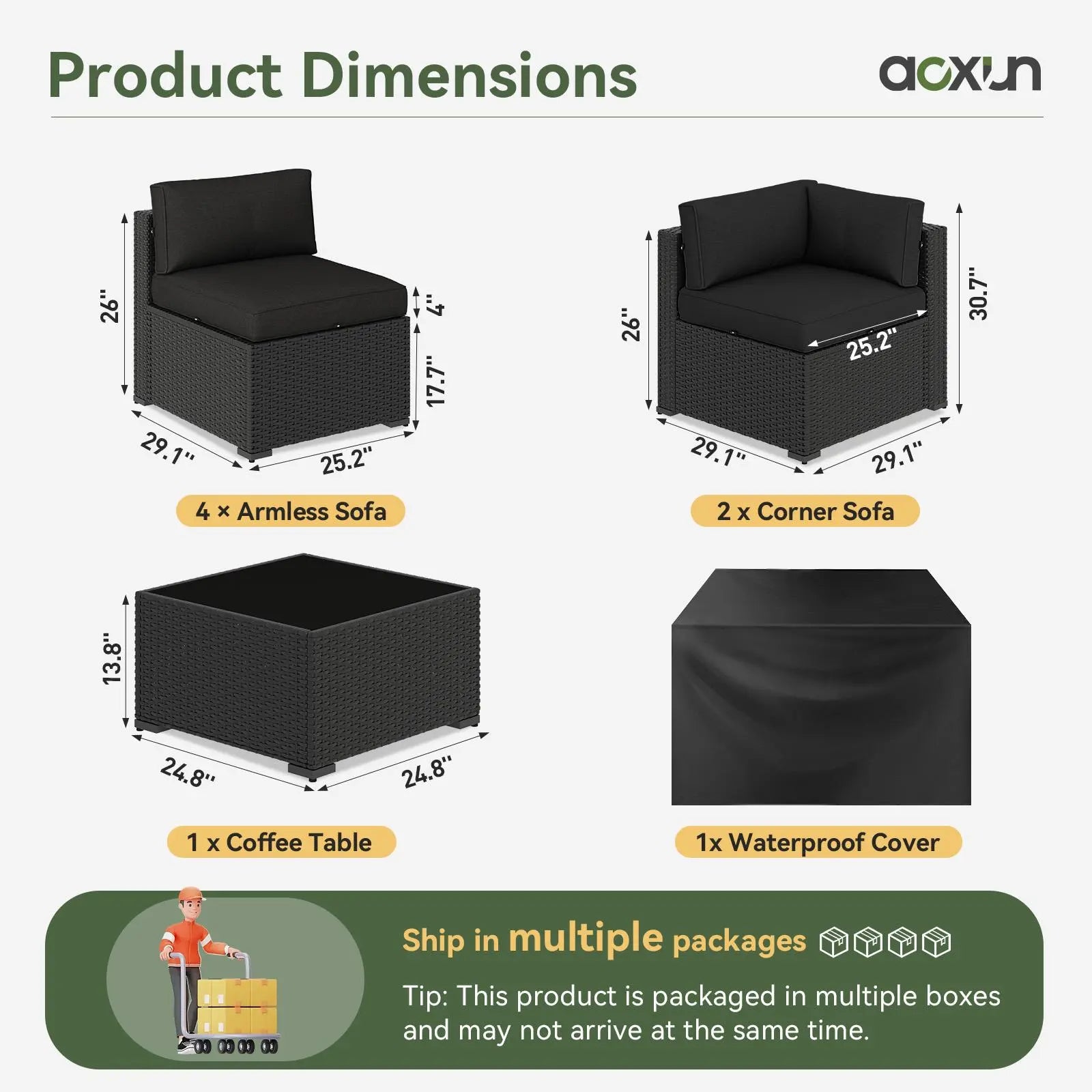 Aoxun All-Weather 7 Piece Patio Furniture Set, Outdoor Wicker Rattan Conversation Set with Coffee Table & Waterproof Cover for Backyard, Garden, Poolside - Grey