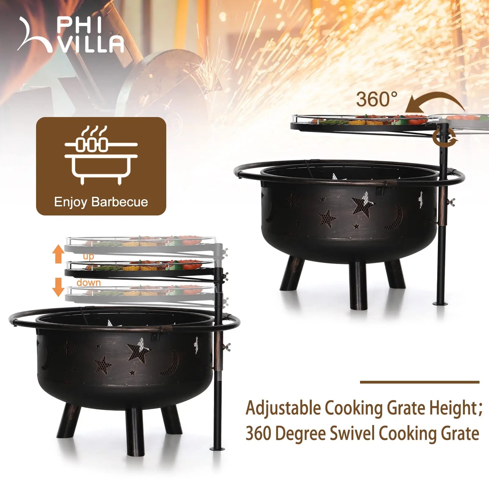 PHI VILLA 30" Outdoor Wood Burning Firepit with 360° Swivel Grill, Deep round Steel Bowl, Spark Guard & Poker Camping Equipment Barbecue Modern