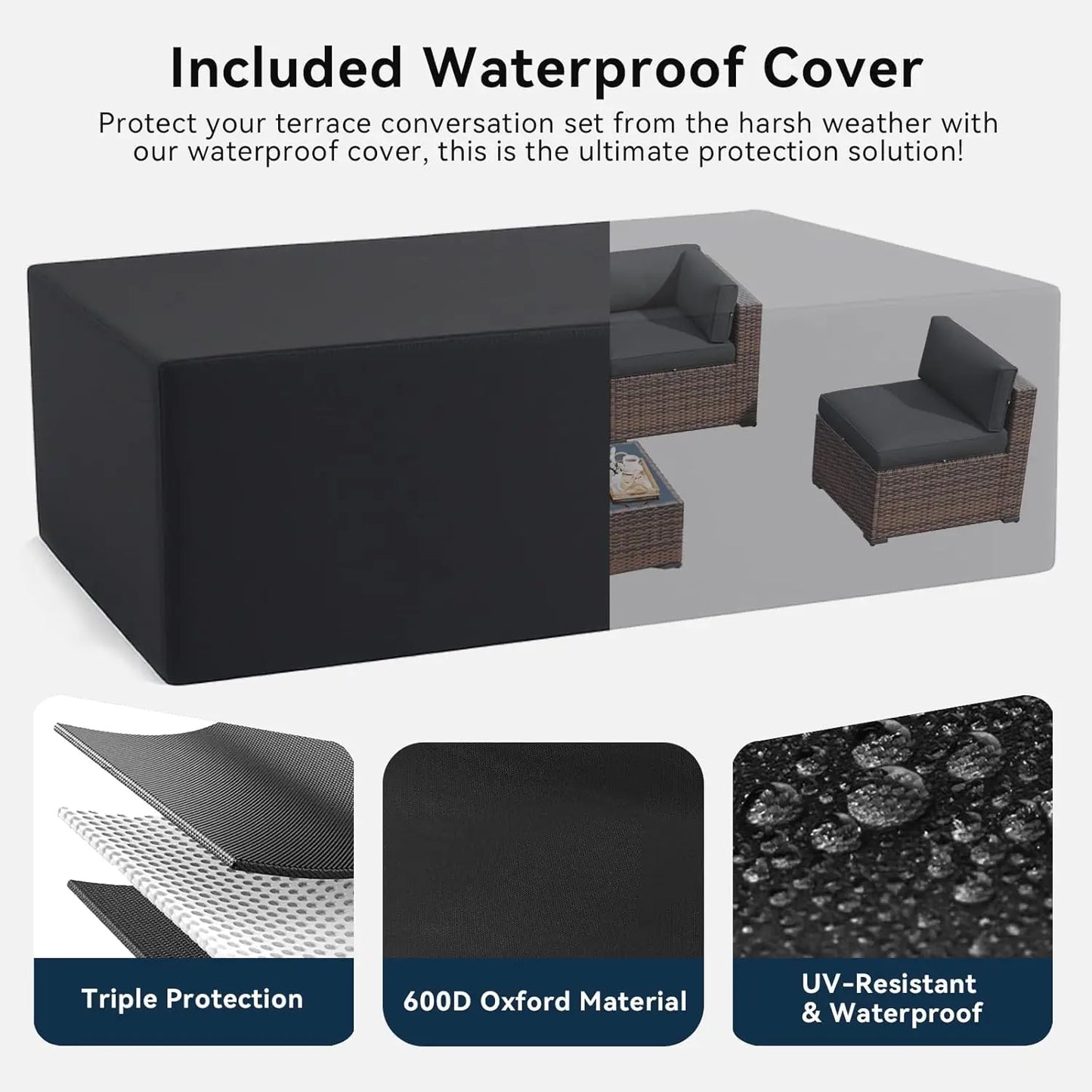 Aoxun All-Weather 7 Piece Patio Furniture Set, Outdoor Wicker Rattan Conversation Set with Coffee Table & Waterproof Cover for Backyard, Garden, Poolside - Grey