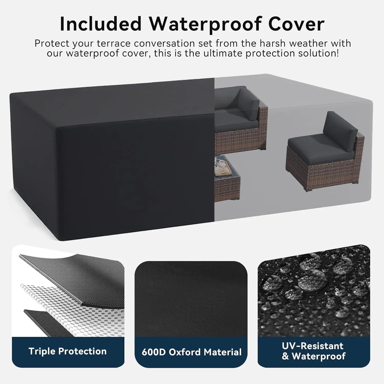 Aoxun All-Weather 7 Piece Patio Furniture Set, Outdoor Wicker Rattan Conversation Set with Coffee Table & Waterproof Cover for Backyard, Garden, Poolside - Grey