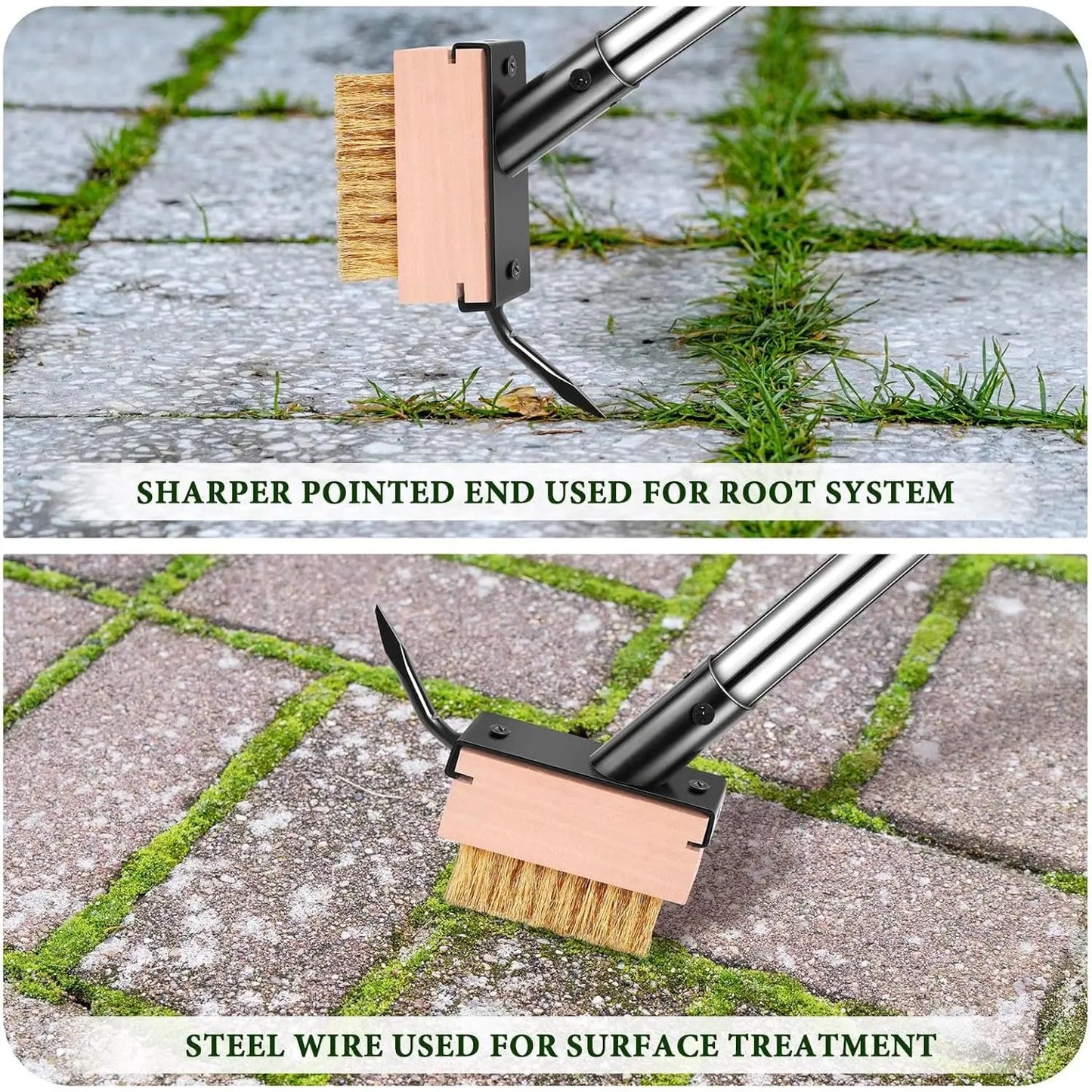 Paver Weeding Puller Tool with 2 Weed Remover Brush Heads,Crack Weeder Tool,Moss Out Crevice Cleaner,Steel Long Handle Weeder Scraper Cleaning Tool for Concrete Decks Pavers Patios Walkways